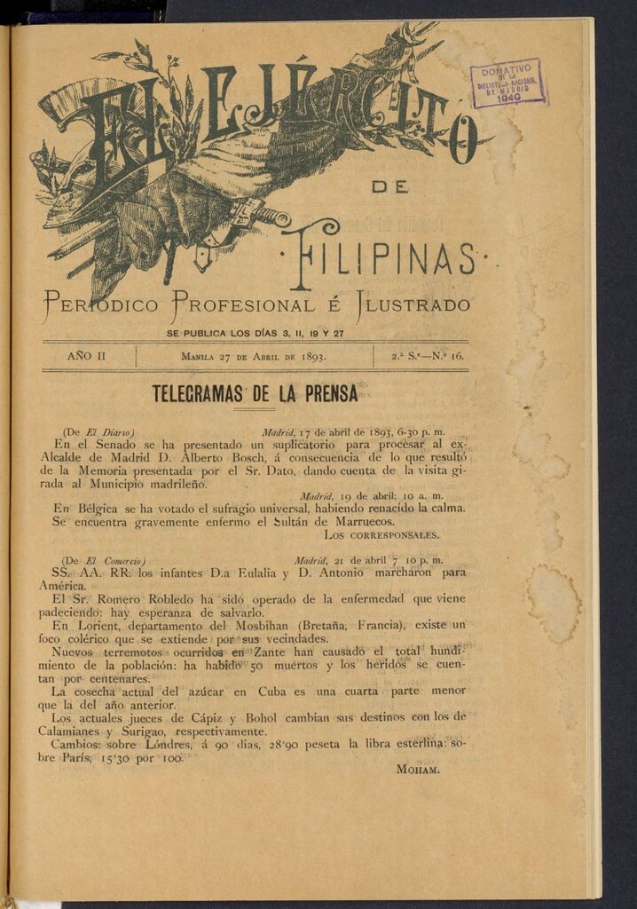 Miniatura de El Ejército de Filipinas : semanario profesional e ilustrado del 27 de abril de 1893, nº 16