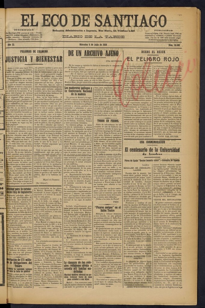 Miniatura de El Eco de Santiago : diario de la tarde del 8 de julio de 1936, nº 16500