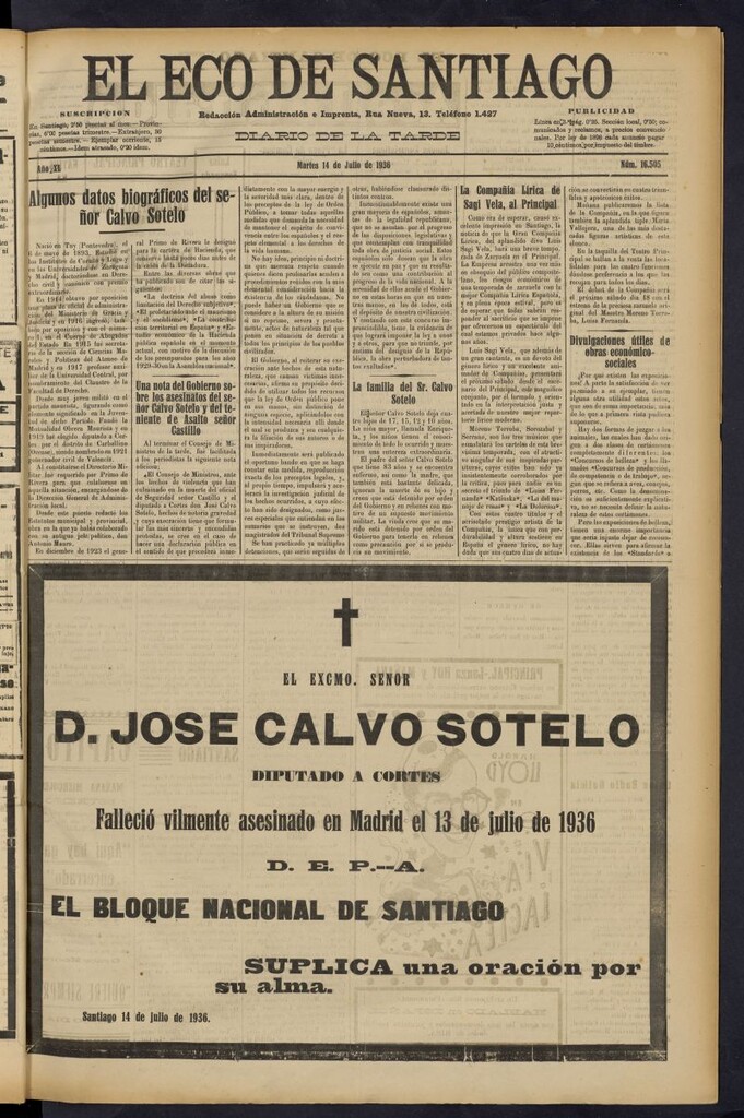 Miniatura de El Eco de Santiago : diario de la tarde del 14 de julio de 1936, nº 16505