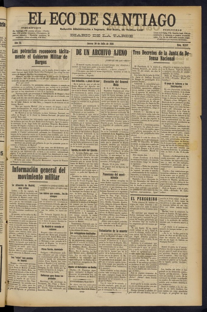 Miniatura de El Eco de Santiago : diario de la tarde del 30 de julio de 1936, nº 16512