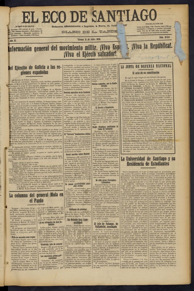 Miniatura de El Eco de Santiago : diario de la tarde del 31 de julio de 1936, nº 16513