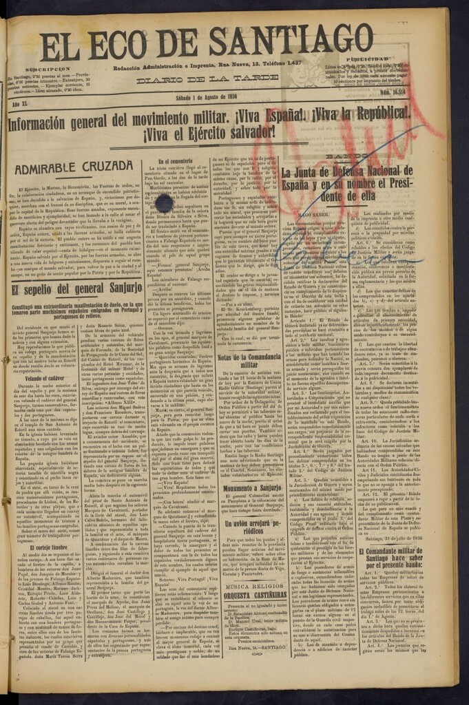 Miniatura de El Eco de Santiago : diario de la tarde del 1 de agosto de 1936, nº 16514