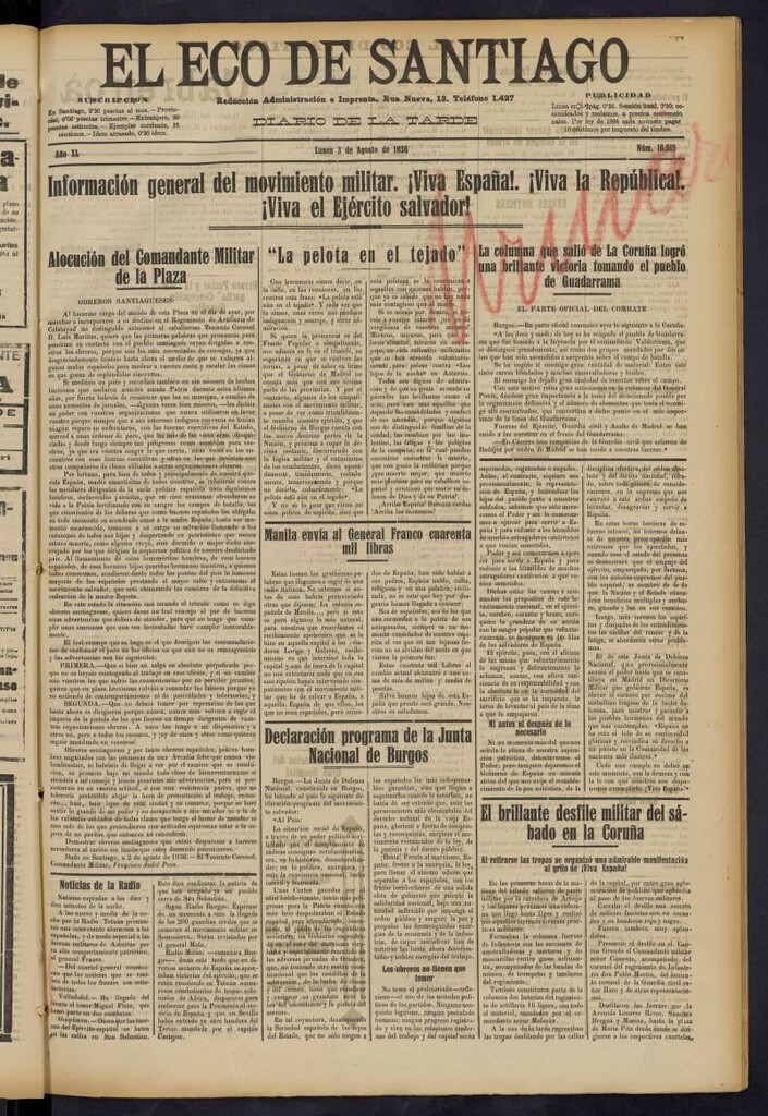 Miniatura de El Eco de Santiago : diario de la tarde del 3 de agosto de 1936, nº 16515
