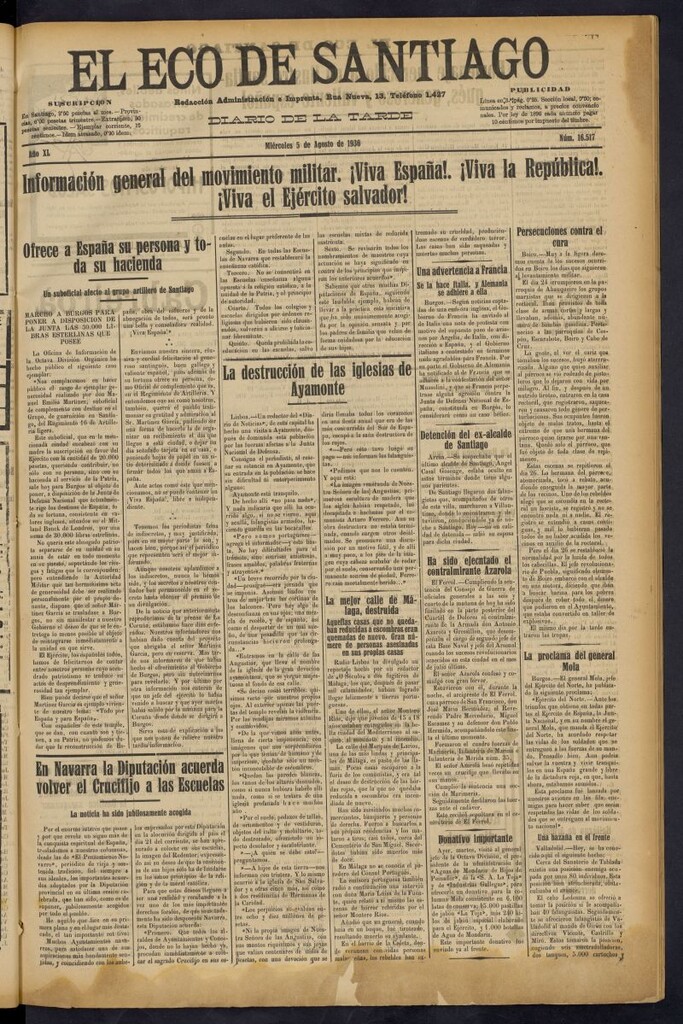 Miniatura de El Eco de Santiago : diario de la tarde del 5 de agosto de 1936, nº 16517