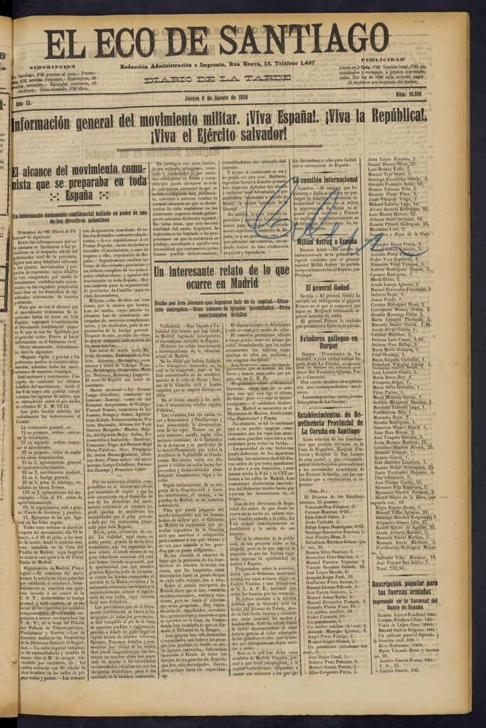 Miniatura de El Eco de Santiago : diario de la tarde del 6 de agosto de 1936, nº 16518