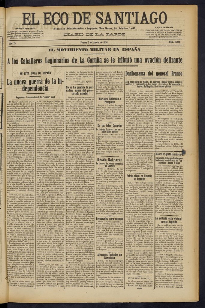 Miniatura de El Eco de Santiago : diario de la tarde del 7 de agosto de 1936, nº 16519