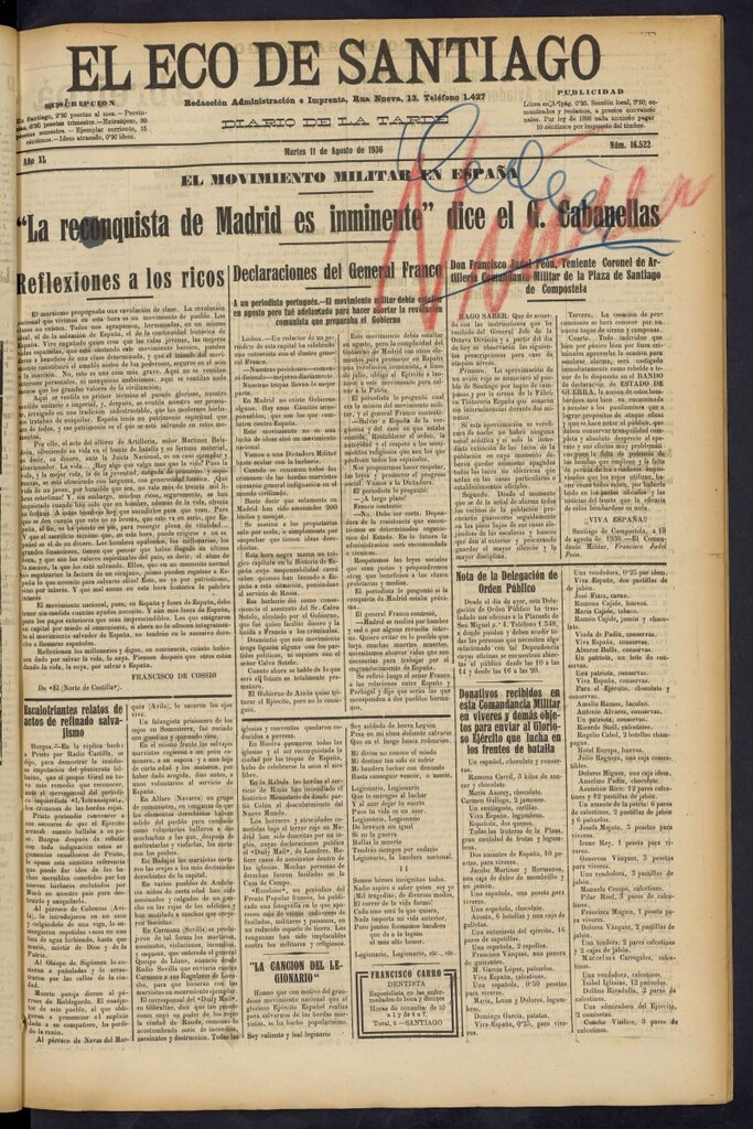 Miniatura de El Eco de Santiago : diario de la tarde del 11 de agosto de 1936, nº 16522