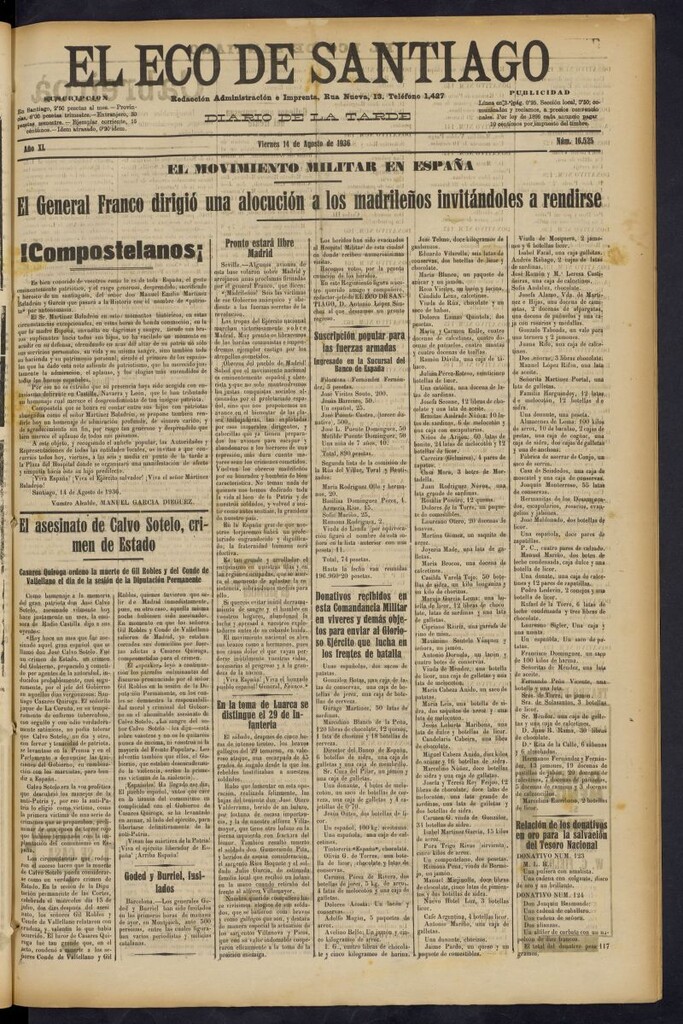 Miniatura de El Eco de Santiago : diario de la tarde del 14 de agosto de 1936, nº 16525