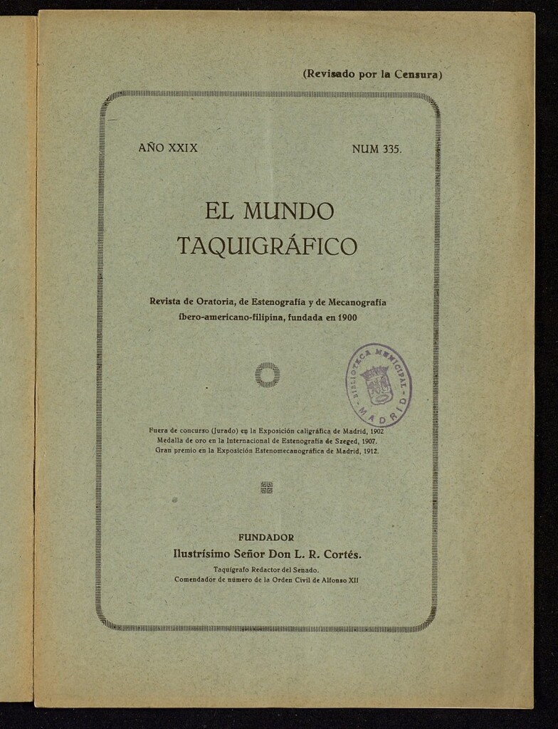 Miniatura de El Mundo Taquigráfico: revista mensual hispano-americana de oratoria y de estenografía. Febrero de 1928, nº 335