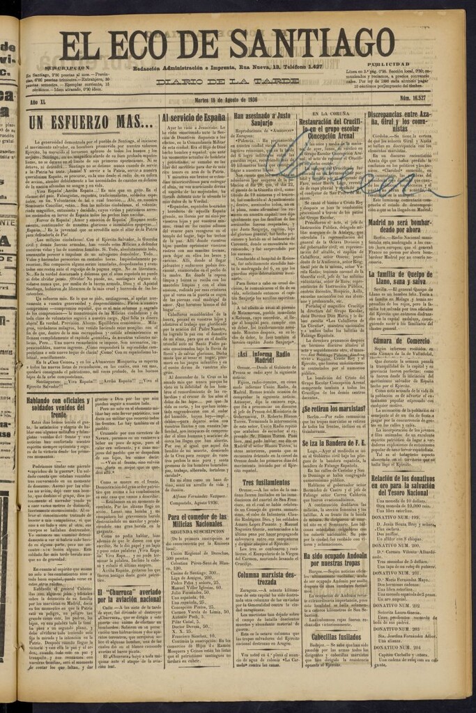 Miniatura de El Eco de Santiago : diario de la tarde del 18 de agosto de 1936, nº 16527