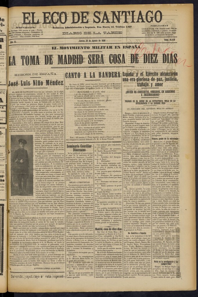 Miniatura de El Eco de Santiago : diario de la tarde del 20 de agosto de 1936, nº 16529