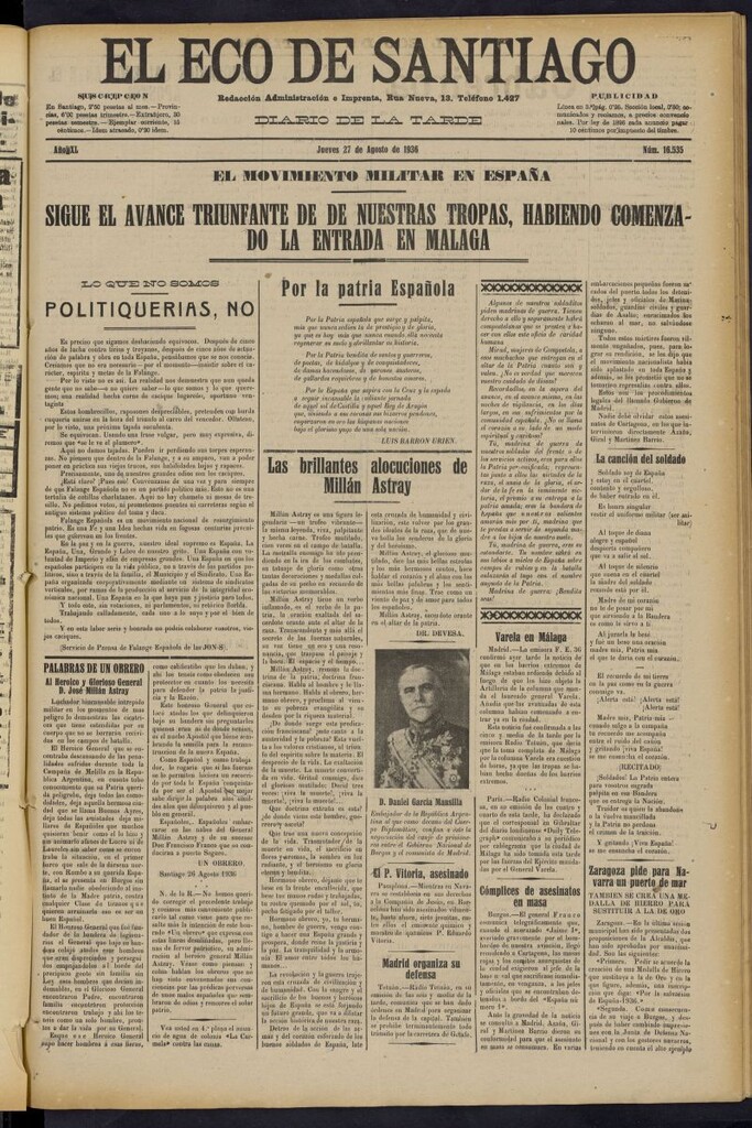 Miniatura de El Eco de Santiago : diario de la tarde del 27 de agosto de 1936, nº 16535