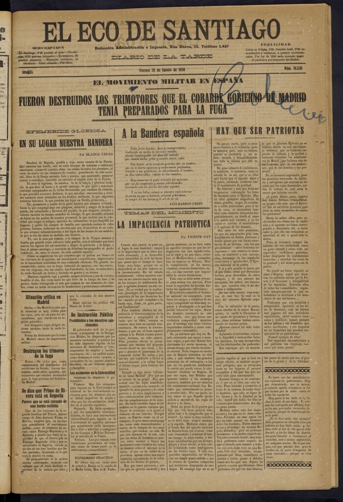 Miniatura de El Eco de Santiago : diario de la tarde del 28 de agosto de 1936, nº 16536
