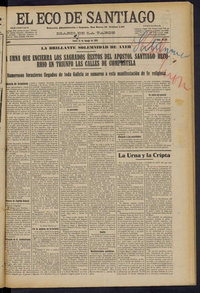 Miniatura de El Eco de Santiago : diario de la tarde del 31 de agosto de 1936, nº 16538