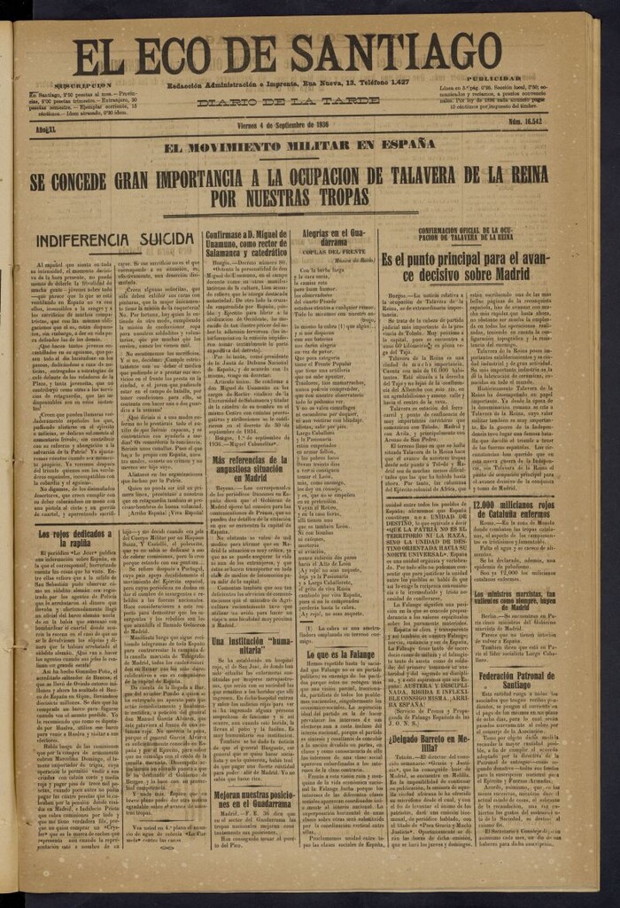Miniatura de El Eco de Santiago : diario de la tarde del 4 de septiembre de 1936, nº 16542