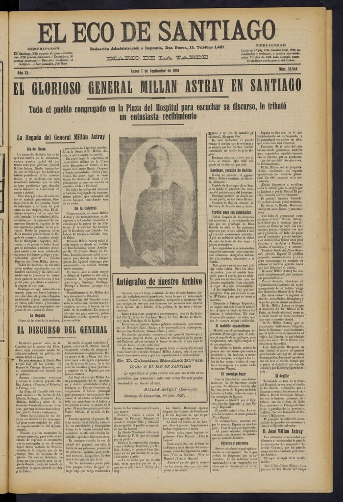 Miniatura de El Eco de Santiago : diario de la tarde del 7 de septiembre de 1936, nº 16544