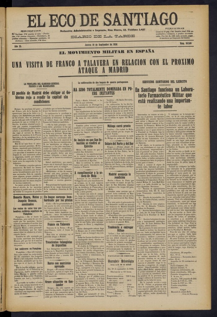 Miniatura de El Eco de Santiago : diario de la tarde del 10 de septiembre de 1936, nº 16546