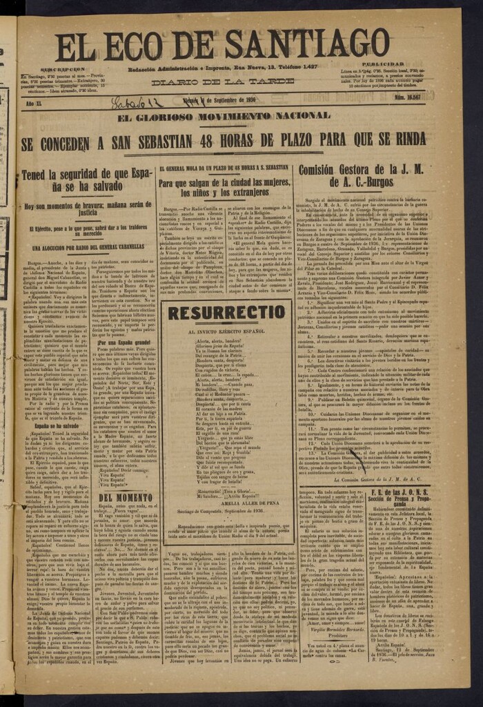 Miniatura de El Eco de Santiago : diario de la tarde del 12 de septiembre de 1936, nº 16547 [sic]