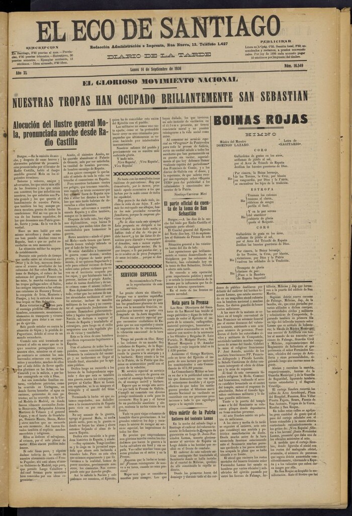 Miniatura de El Eco de Santiago : diario de la tarde del 14 de septiembre de 1936, nº 16549