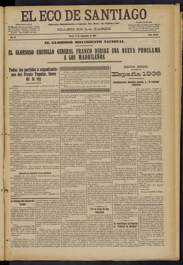 Miniatura de El Eco de Santiago : diario de la tarde del 15 de septiembre de 1936, nº 16550