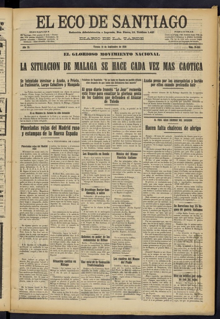 Miniatura de El Eco de Santiago : diario de la tarde del 18 de septiembre de 1936, nº 16553