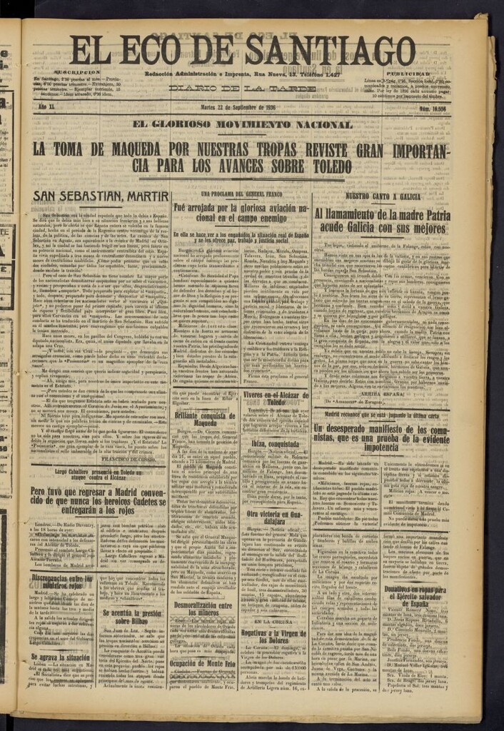 Miniatura de El Eco de Santiago : diario de la tarde del 22 de septiembre de 1936, nº 16556