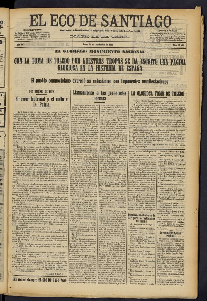 Miniatura de El Eco de Santiago : diario de la tarde del 28 de septiembre de 1936, nº 16561