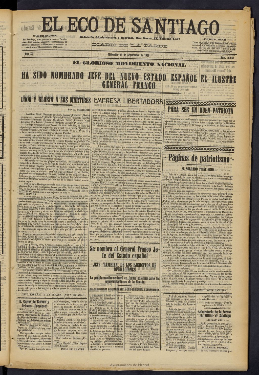 Miniatura de El Eco de Santiago : diario de la tarde del 30 de septiembre de 1936, nº 16563