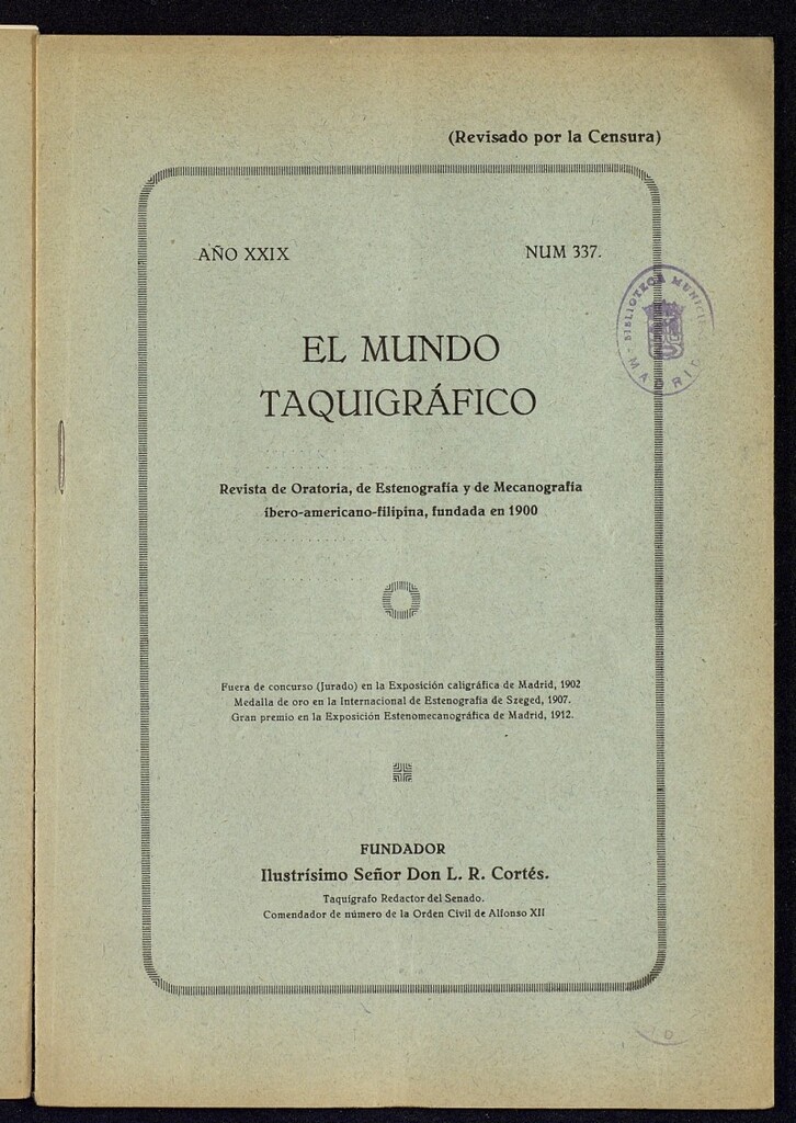 Miniatura de El Mundo Taquigráfico: revista mensual hispano-americana de oratoria y de estenografía. Abril de 1928, nº 337
