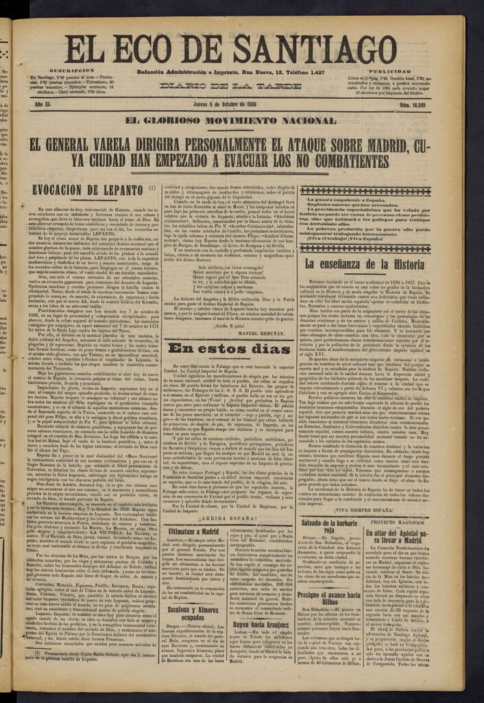 Miniatura de El Eco de Santiago : diario de la tarde del 8 de octubre de 1936, nº 16569