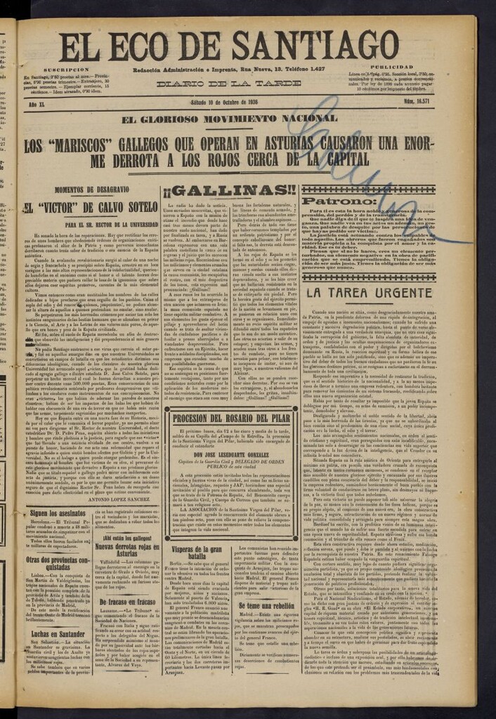 Miniatura de El Eco de Santiago : diario de la tarde del 10 de octubre de 1936, nº 16571