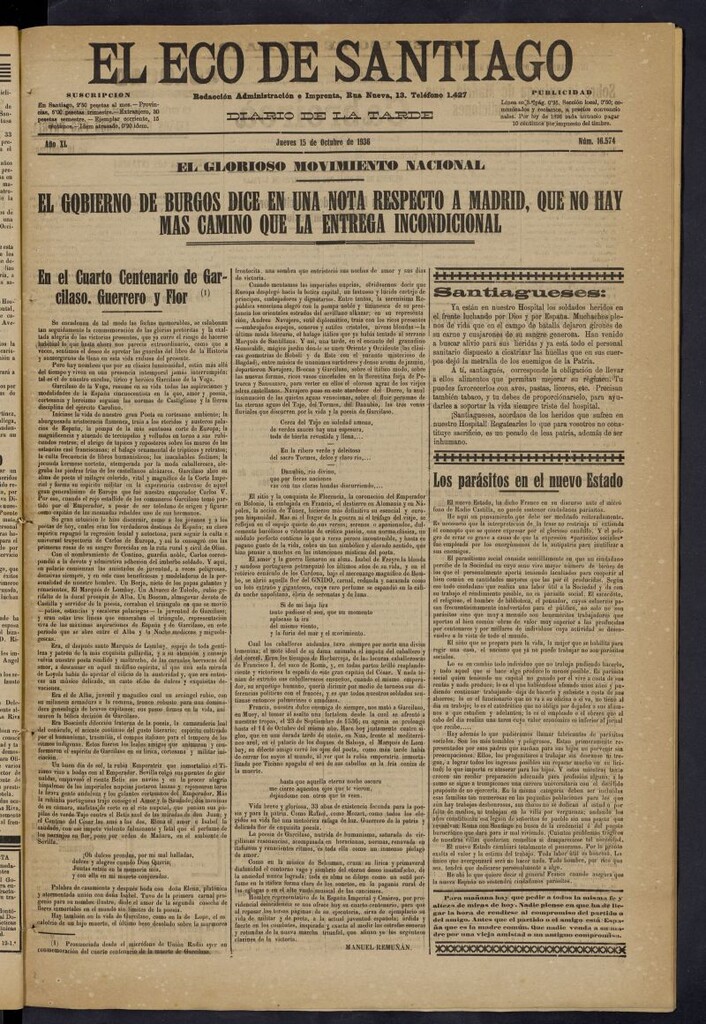 Miniatura de El Eco de Santiago : diario de la tarde del 15 de octubre de 1936, nº 16574