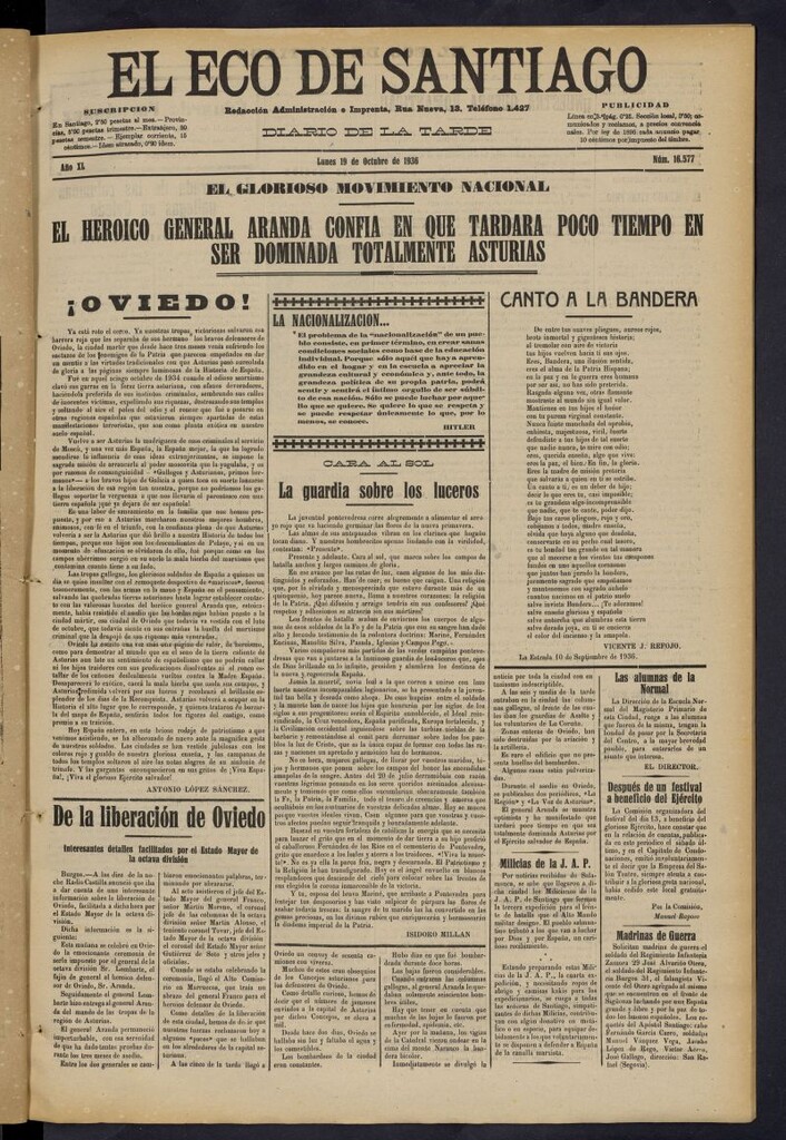 Miniatura de El Eco de Santiago : diario de la tarde del 19 de octubre de 1936, nº 16577