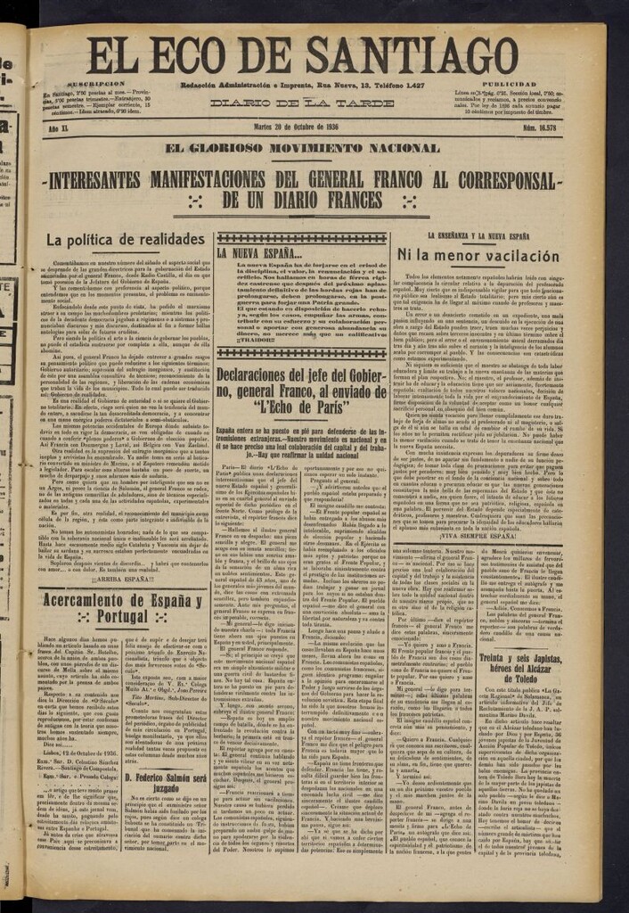 Miniatura de El Eco de Santiago : diario de la tarde del 20 de octubre de 1936, nº 16578