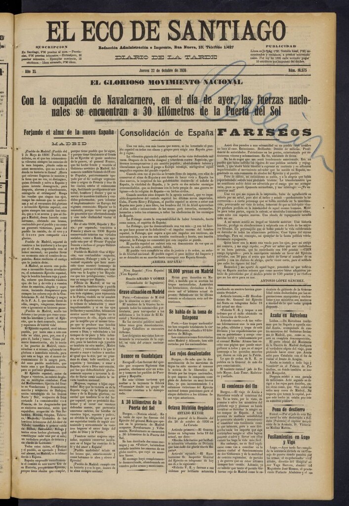 Miniatura de El Eco de Santiago : diario de la tarde del 22 de octubre de 1936, nº 16575 [sic]