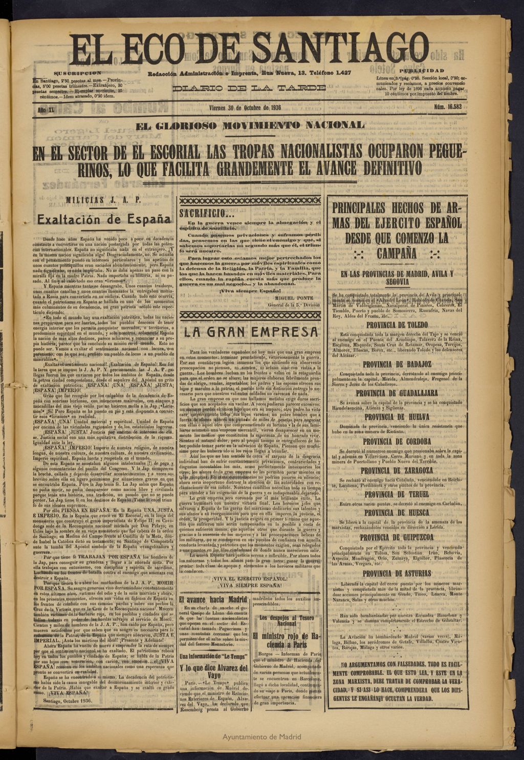 Miniatura de El Eco de Santiago : diario de la tarde del 30 de octubre de 1936, nº 16582