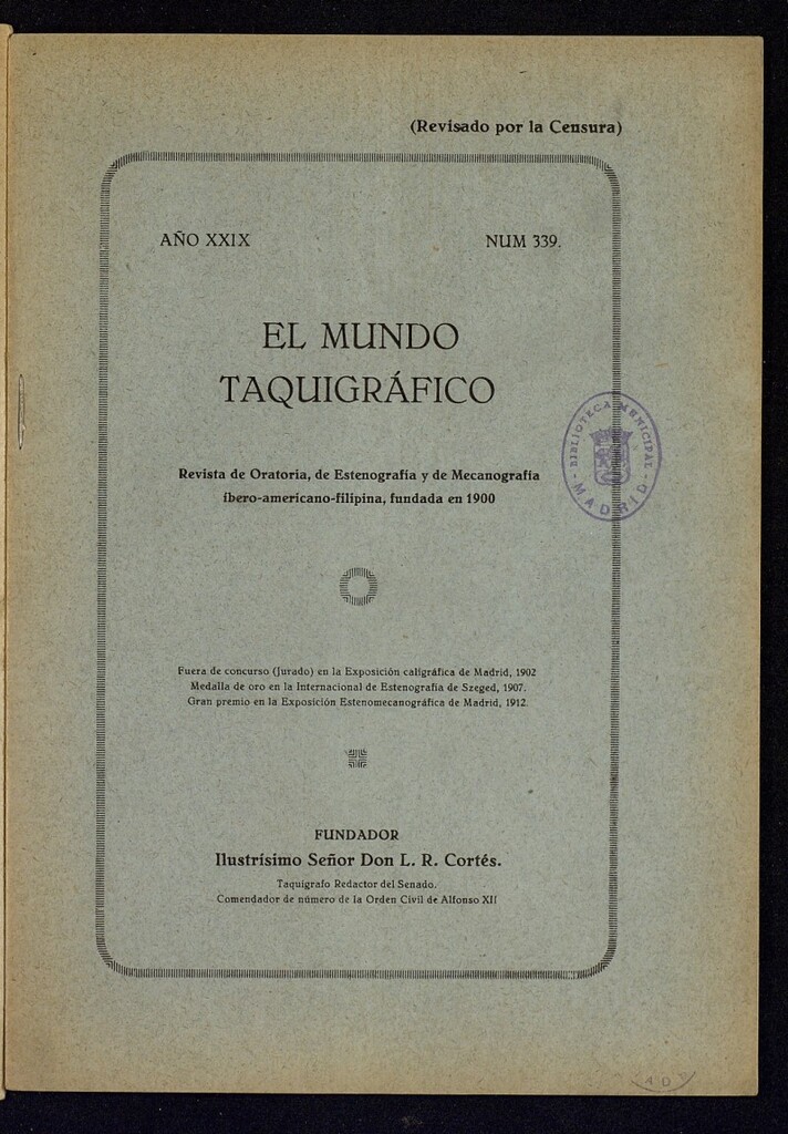 Miniatura de El Mundo Taquigráfico: revista mensual hispano-americana de oratoria y de estenografía. Junio de 1928, nº 339