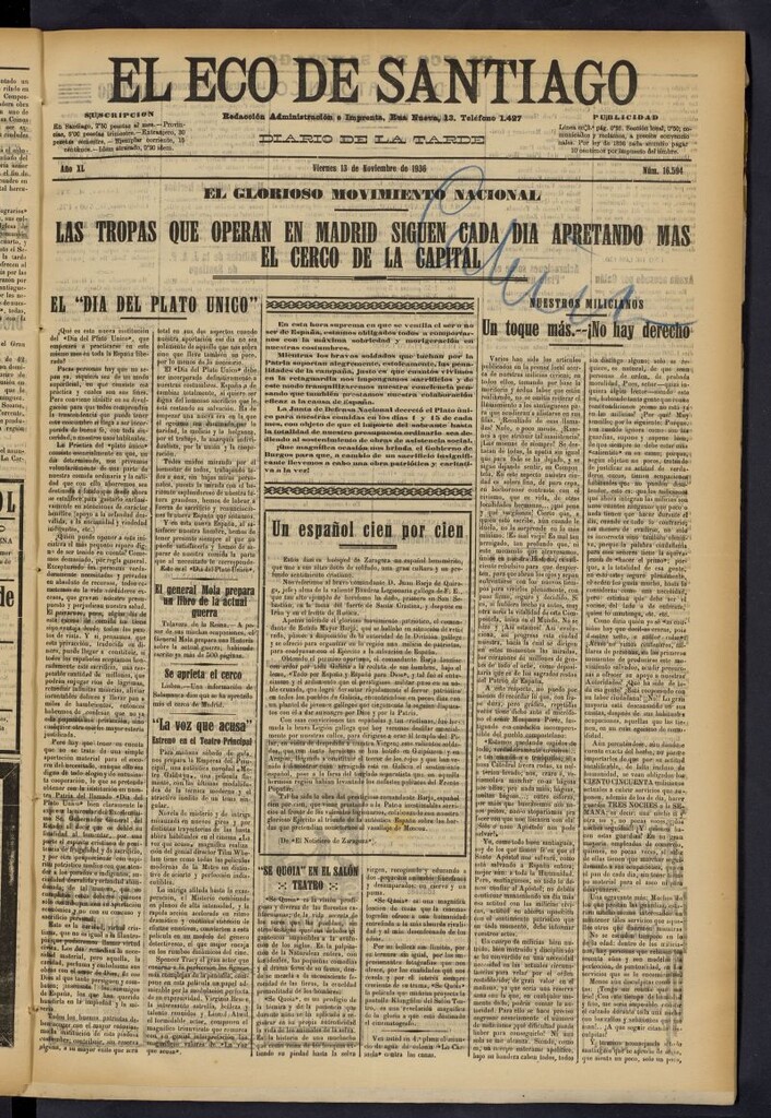 Miniatura de El Eco de Santiago : diario de la tarde del 13 de noviembre de 1936, nº 16594