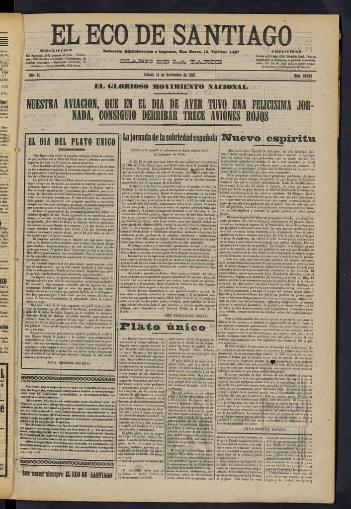 Miniatura de El Eco de Santiago : diario de la tarde del 14 de noviembre de 1936, nº 16595