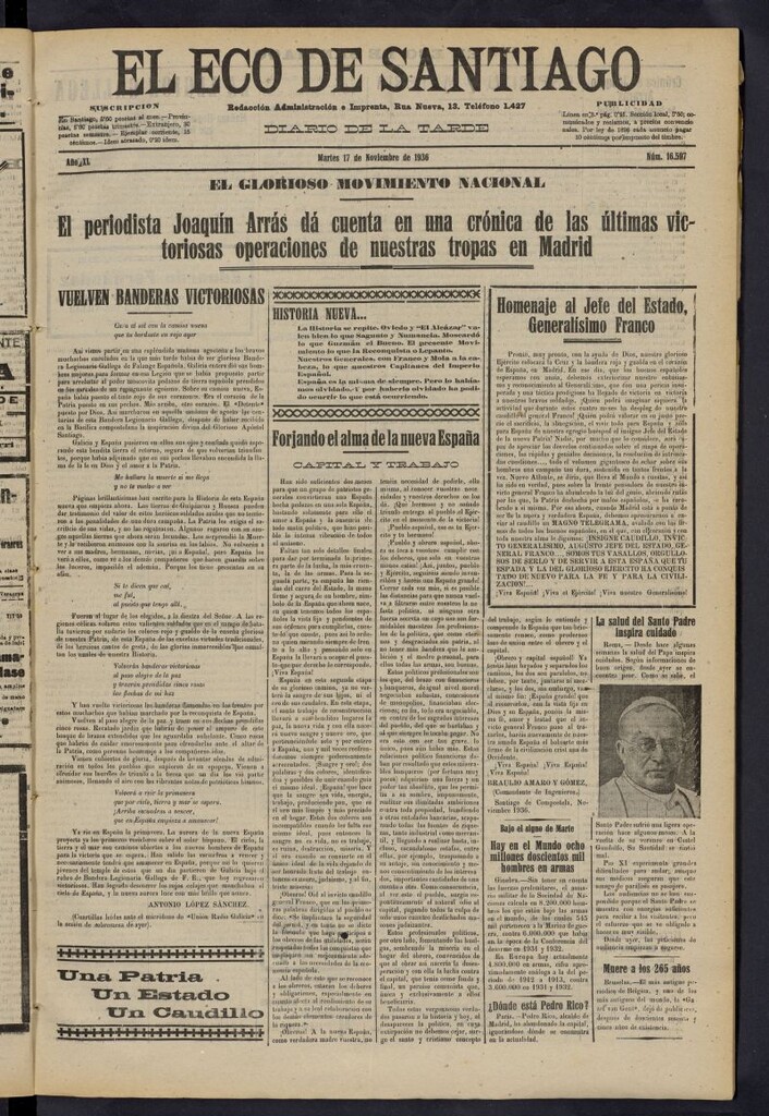 Miniatura de El Eco de Santiago : diario de la tarde del 17 de noviembre de 1936, nº 16597