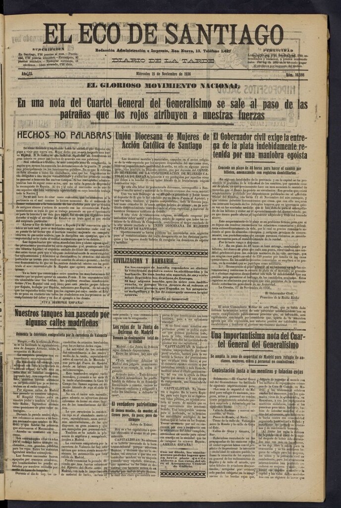 Miniatura de El Eco de Santiago : diario de la tarde del 18 de noviembre de 1936, nº 16598