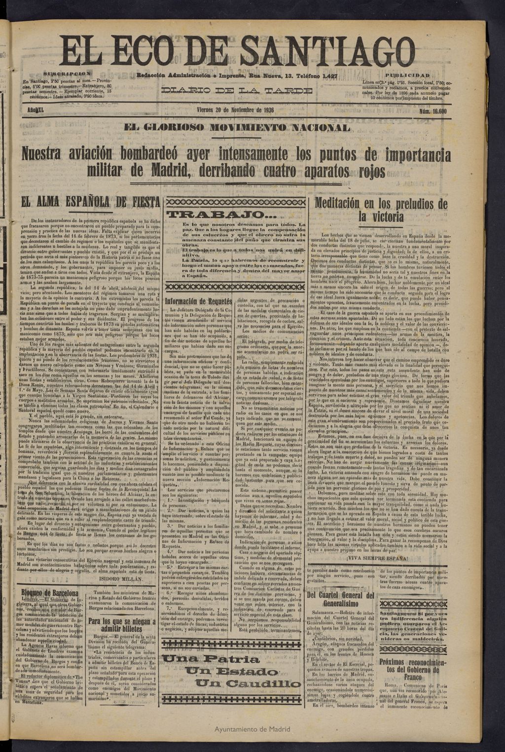 Miniatura de El Eco de Santiago : diario de la tarde del 20 de noviembre de 1936, nº 16600