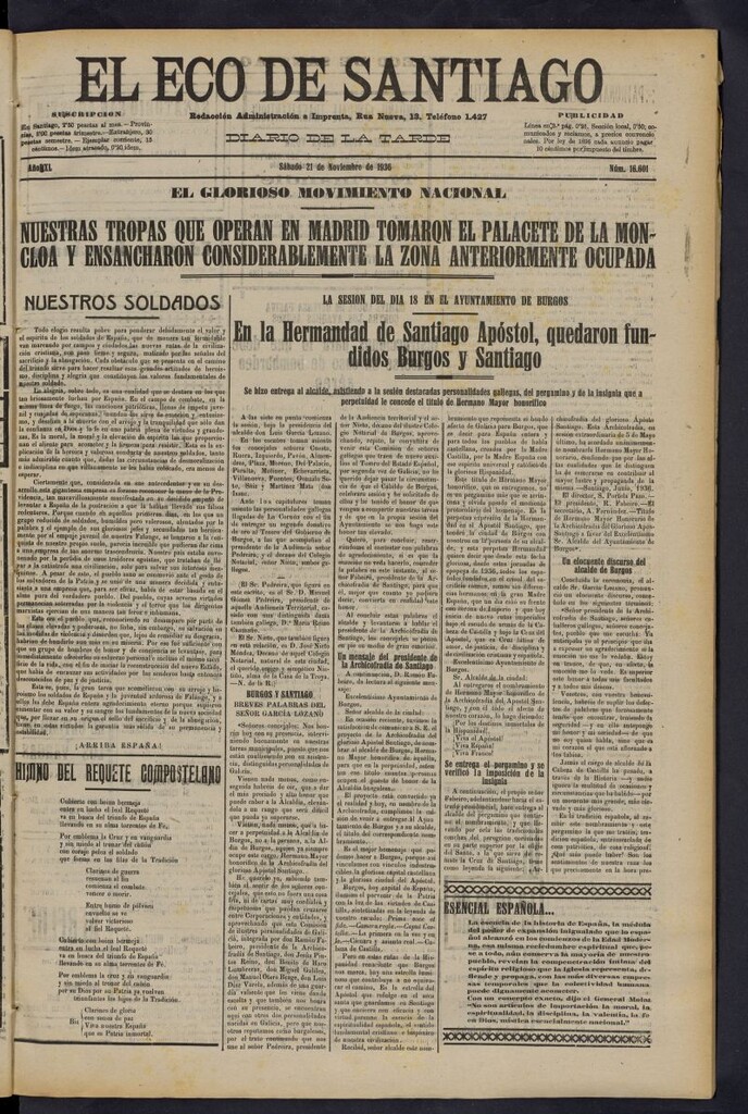 Miniatura de El Eco de Santiago : diario de la tarde del 21 de noviembre de 1936, nº 16601