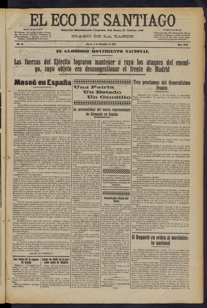 Miniatura de El Eco de Santiago : diario de la tarde del 3 de diciembre de 1936, nº 16611
