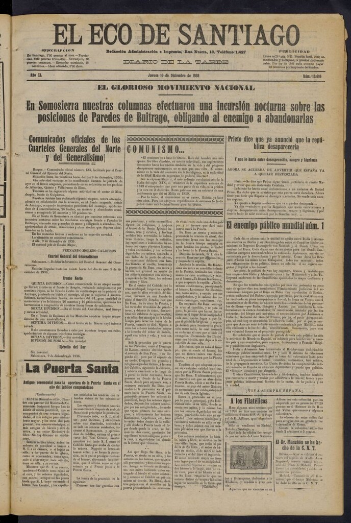 Miniatura de El Eco de Santiago : diario de la tarde del 10 de diciembre de 1936, nº 16616