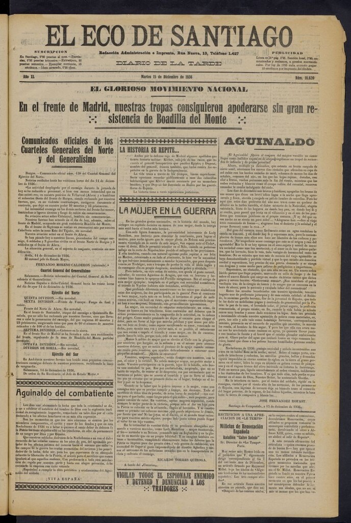 Miniatura de El Eco de Santiago : diario de la tarde del 15 de diciembre de 1936, nº 16620