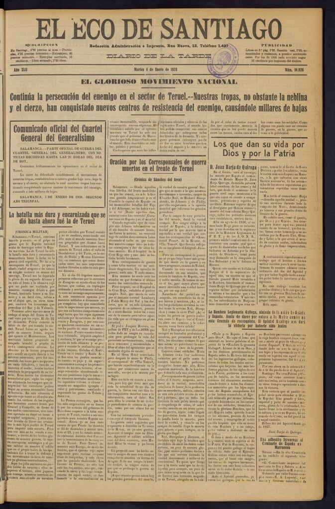 Miniatura de El Eco de Santiago : diario de la tarde del 4 de enero de 1938, nº 16926