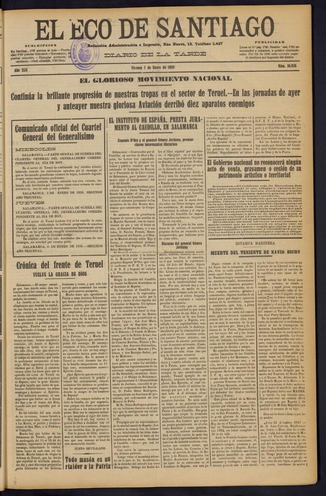 Miniatura de El Eco de Santiago : diario de la tarde del 7 de enero de 1938, nº 16928