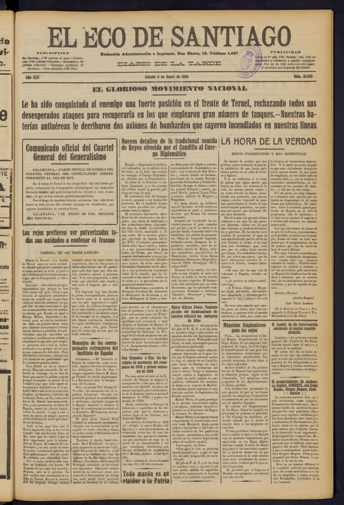Miniatura de El Eco de Santiago : diario de la tarde del 8 de enero de 1938, nº 16929