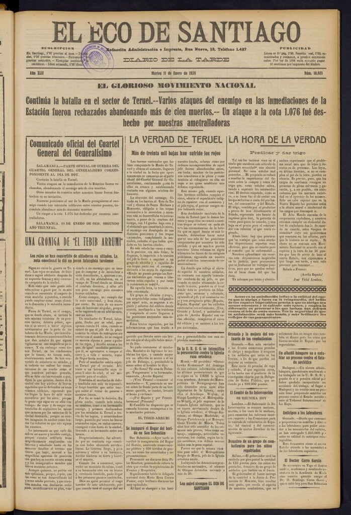 Miniatura de El Eco de Santiago : diario de la tarde del 11 de enero de 1938, nº 16931